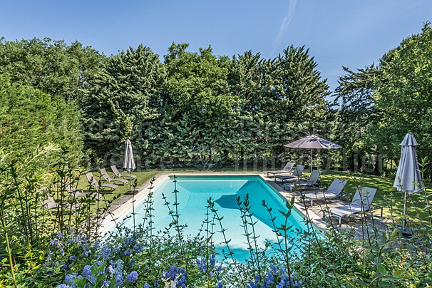 A large swimming pool surrounded by chairs and umbrellas