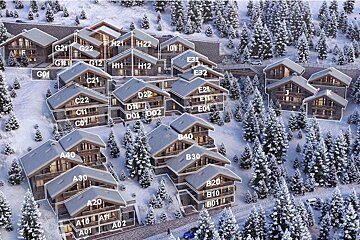 An aerial view of a snowy forest with buildings labeled