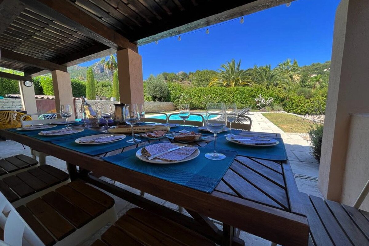 A table with plates of food and wine glasses on it