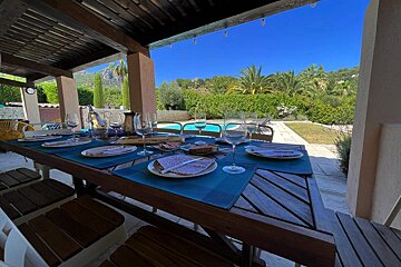 A table with plates of food and wine glasses on it