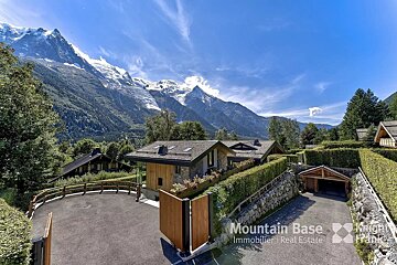 A mountain base real estate ad with a house in the foreground