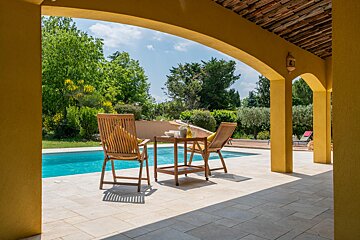 A patio with chairs and a table overlooking a pool
