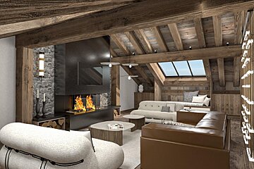 A living room with a fireplace and a skylight