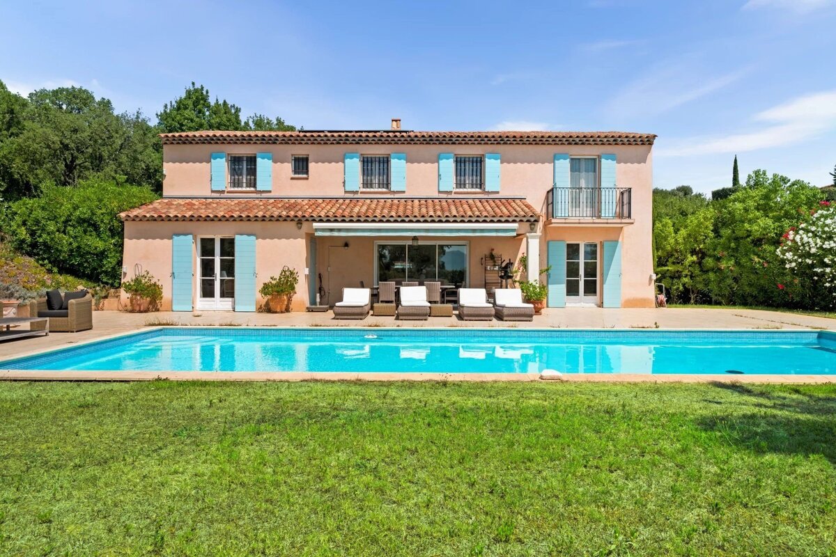 A sunny Mediterranean villa with blue shutters, a large swimming pool, and a lush green lawn.
