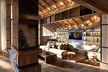 An upscale ski chalet living room with wood beams, a stone fireplace, cozy seating, and a reflected Christmas tree, exuding warmth.