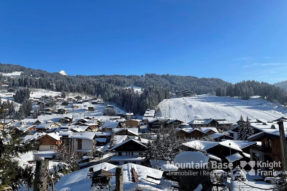 A snowy landscape with a sign that says mountain base knight frank