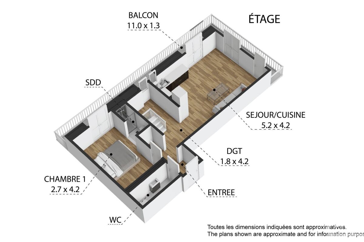 An isometric floor plan displays a 1-bedroom apartment with a living/kitchen, bathroom, toilet, entrance, and a long balcony, including dimensions.