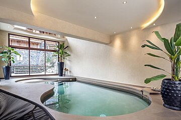 A large indoor swimming pool surrounded by potted plants
