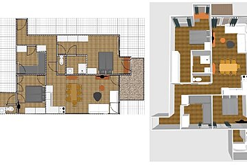 Two floor plans side-by-side: a 2D architectural blueprint with grid lines and a 3D isometric rendering of the same furnished apartment layout.