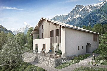 A striking modern alpine-style house with wood and white facade, featuring a terrace with people, set amidst lush trees and towering snow-capped mountains.