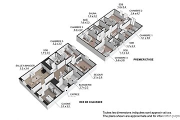 A 3D floor plan showing two levels of a house, labeled in French, with dimensions for each room.