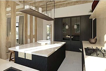 An artist 's impression of a kitchen with a large island in the middle