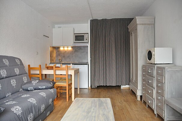 A small studio apartment featuring a grey patterned sofa, wooden dining set, kitchenette, and wood floors. Grey furniture like a wardrobe and drawers are also visible.