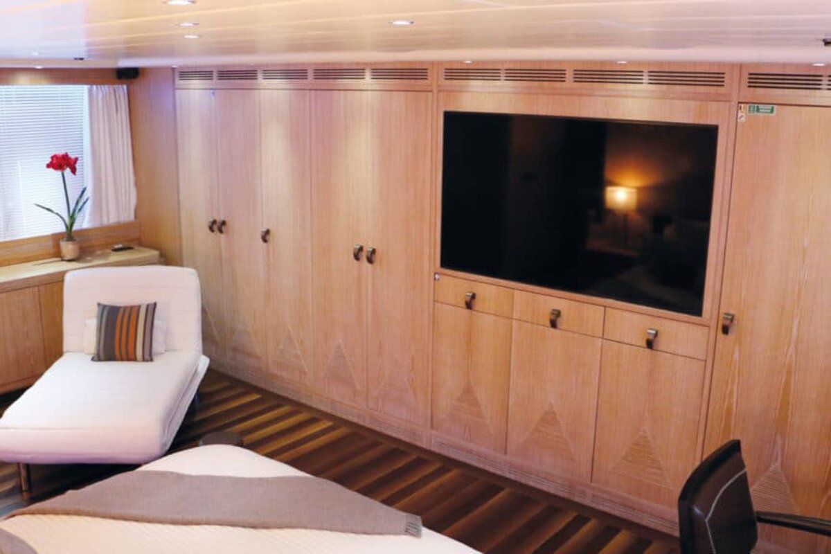 A bedroom with a large flat screen tv on the wall