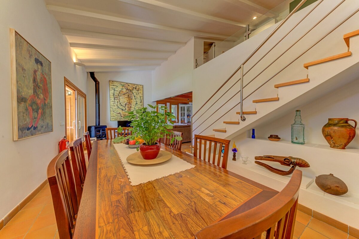 A dining room table with a potted plant on it