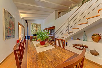 A dining room table with a potted plant on it