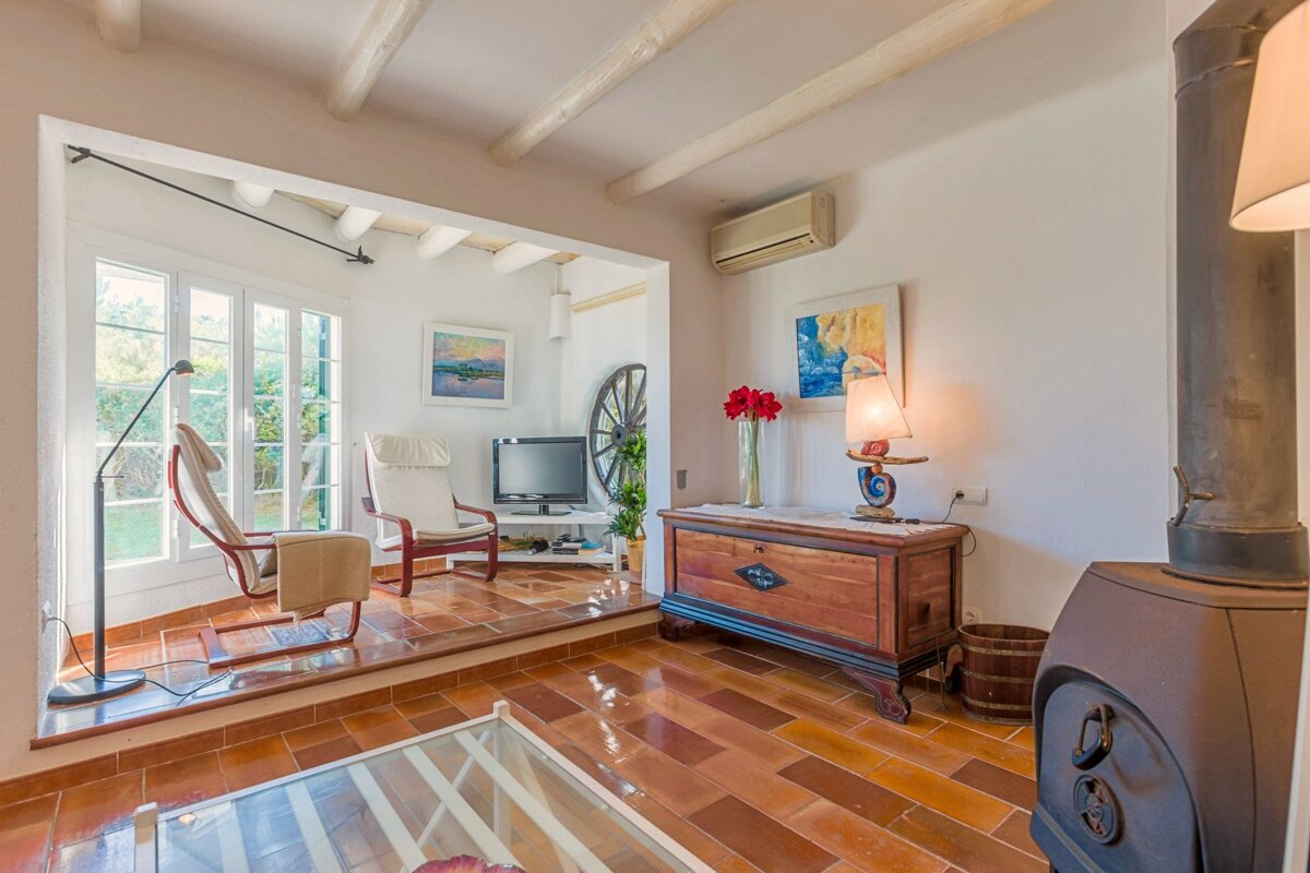 A living room with a wood stove and a television