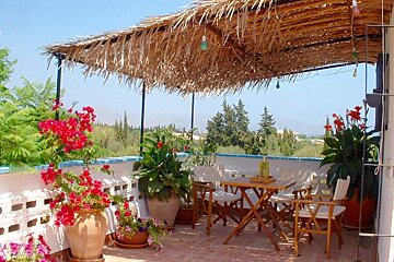 A balcony with a table and chairs under a thatched roof