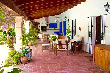 A patio with chairs and potted plants on it