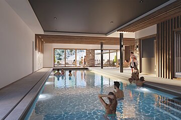 People relax and swim in a modern, luxury indoor resort pool with wood accents and a view of snow outside.