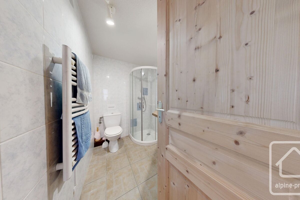 A tiled bathroom features a white toilet, corner shower, towel warmer, and a partially open light wooden door.