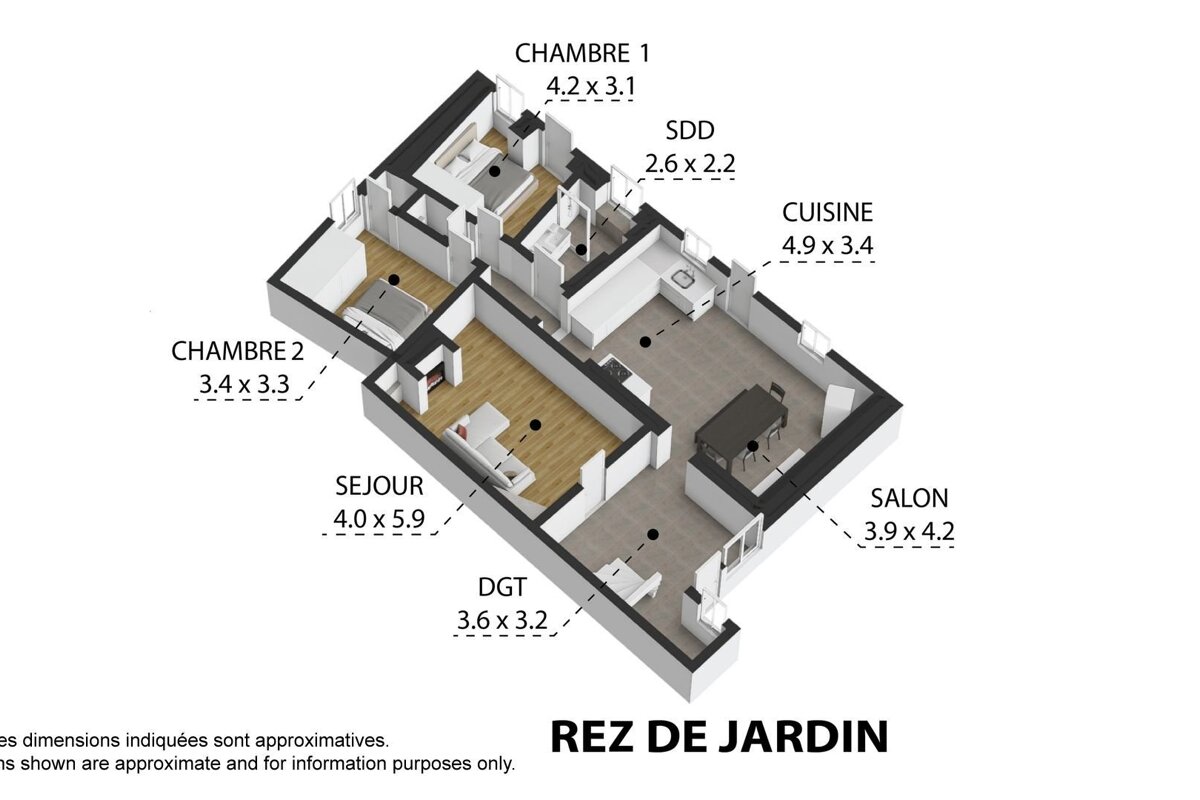 A 3D isometric floor plan of a garden-level apartment showing 2 bedrooms, kitchen, living room, and bathroom, with dimensions.
