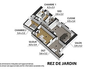 A 3D isometric floor plan illustrates a ground-floor home (