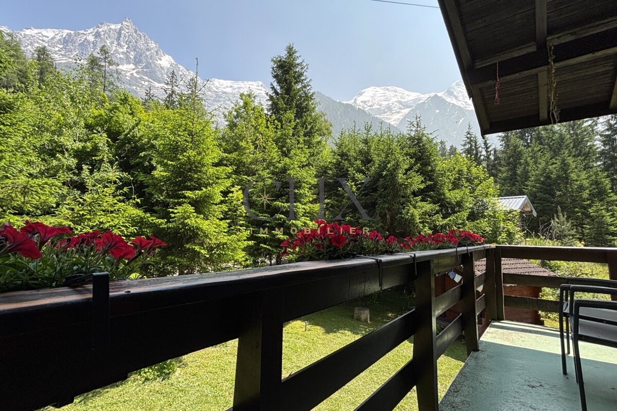 View from a chalet balcony with red flowers, looking out over a lush pine forest toward majestic snow-capped mountains.