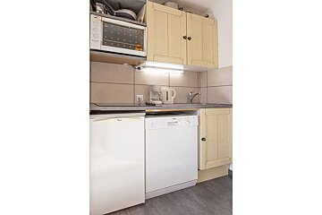 A small, well-equipped kitchen with light wood cabinets, an oven, microwave, fridge, dishwasher, sink, coffee maker, and kettle.