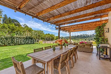 A patio with a wooden table and chairs under a covered area that says made in provence