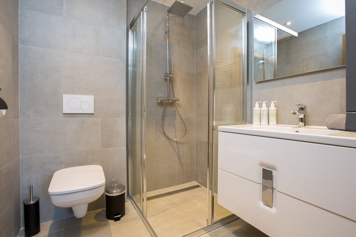 A bathroom with a toilet a sink and a shower