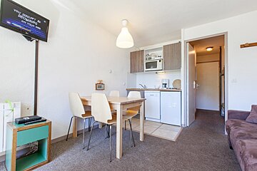 A compact studio apartment features a kitchenette, dining area with four chairs, wall-mounted TV, and a brown sofa on carpeted flooring.