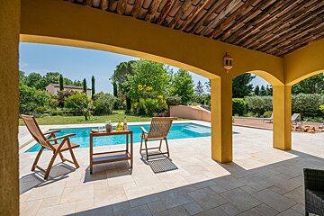 A patio with chairs and a table overlooking a pool