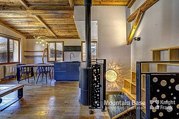 A room with a wooden ceiling and a sign that says mountain base