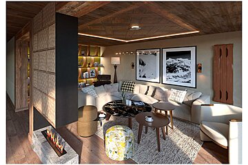 Cozy, modern chalet living room featuring a warm wooden ceiling, a large sectional sofa, a sleek fireplace, and mountain art.