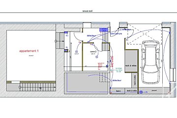 A drawing of a garage and apartment 1