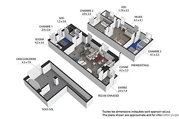 A 3d floor plan of a house in french