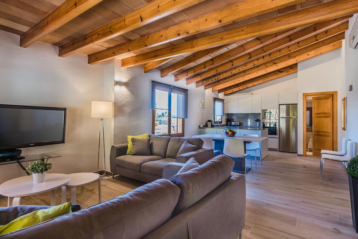 A living room with a couch and a flat screen tv
