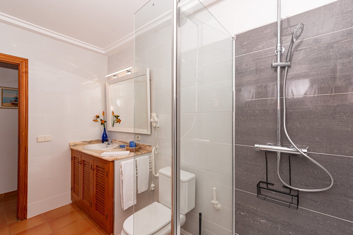 A bathroom with a toilet a sink and a shower