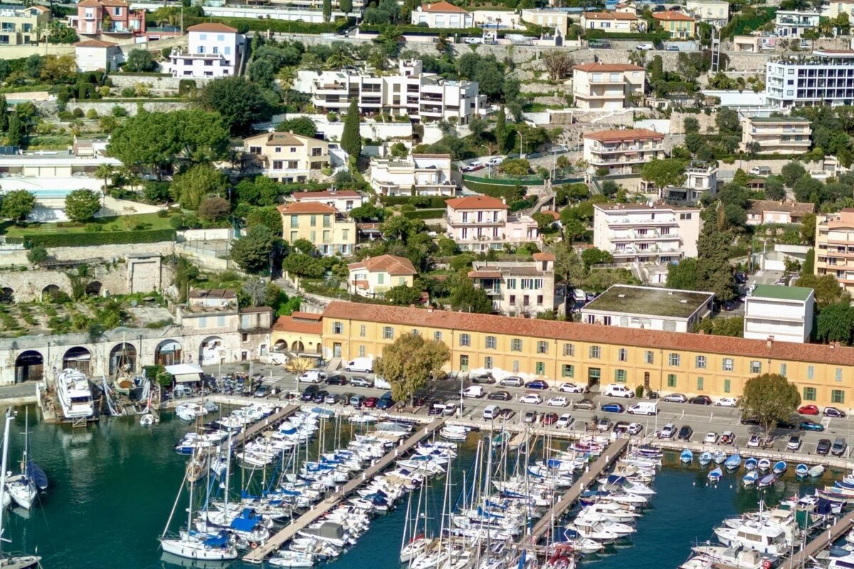 High-angle view of a bustling coastal town with a marina full of sailboats and yachts, backed by terraced hillsides dotted with houses and trees.