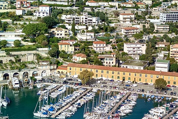 An aerial view of a picturesque marina filled with boats, set against a backdrop of houses on a lush hillside.
