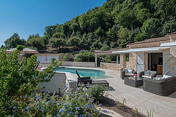 A house with a swimming pool and a patio area