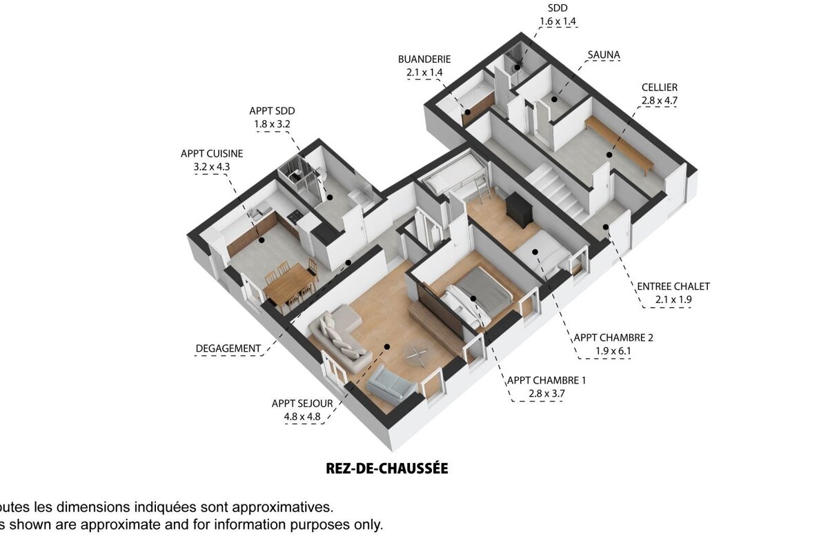 A 3D floor plan of a ground floor (rez-de-chaussée) chalet/apartment, showing kitchen, living room, bedrooms, sauna, laundry, and other rooms with French labels and dimensions.