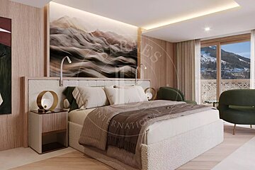 A luxurious, modern bedroom features a large bed, abstract mountain artwork, and stunning snowy mountain views from a balcony. Earthy tones dominate.