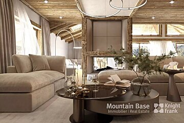 A chic, cozy living room with a grand fireplace, rustic wooden ceiling, plush beige sofas, and panoramic windows offering stunning mountain vistas.