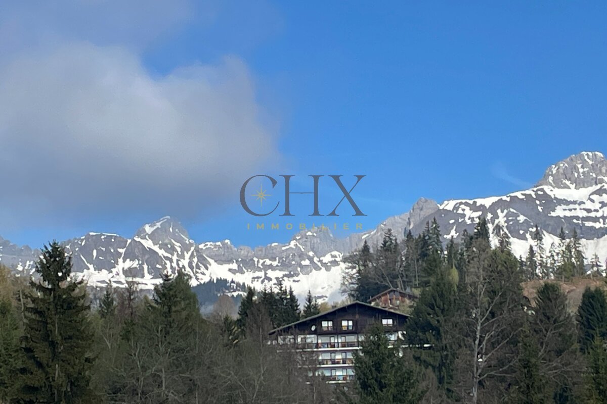 An alpine building nestled in pine trees with snow-capped mountains under a blue sky in the background.