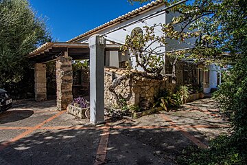A traditional white house with a tiled roof, stone walls, a covered porch, and lush climbing vines, with a sun-dappled driveway.