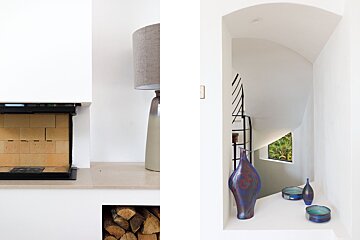 A picture of a fireplace and a picture of a vase on a table