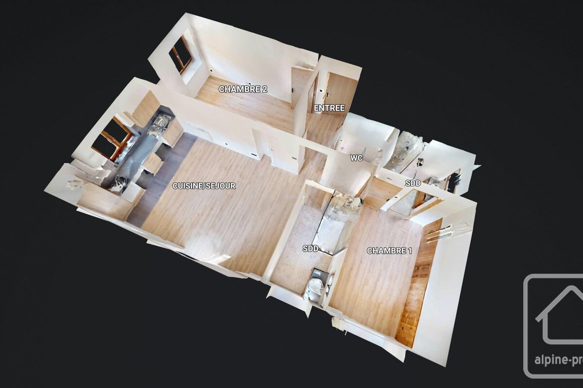 Detailed 3D isometric floor plan showing an apartment with a kitchen/living area, two bedrooms, two shower rooms (SDD), WC, and entrance.