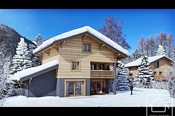 A rendering of wooden alpine chalets in a snow-covered mountain landscape under a clear blue sky.